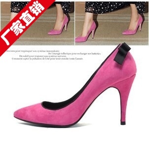  新款粉红玫红浅口尖头蝴蝶结细高跟单鞋婚鞋伴娘鞋瓢鞋大小码定做