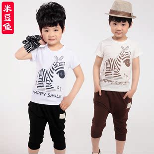  米豆鱼童装男童夏装新款儿童休闲套装 夏季运动短袖套装 韩版