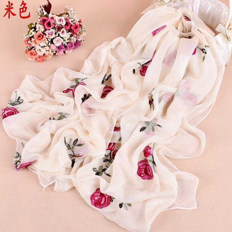 2018新品纯色净色单色仿真丝绣花女士长款丝巾沙滩巾经典玫瑰花在类目 服饰配件/皮带/帽子/围巾, 围巾/丝巾/披肩中 - 来自Buy2taobao.com提供专业的淘宝代购服务