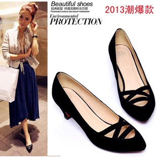  欧美大牌新款RV单鞋真皮中跟镂空浅口尖头鞋小辣椒英伦女鞋子