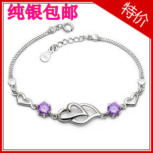  饰品 批发 韩版 心连心手链 925纯银手链 女 时尚包邮 紫水晶