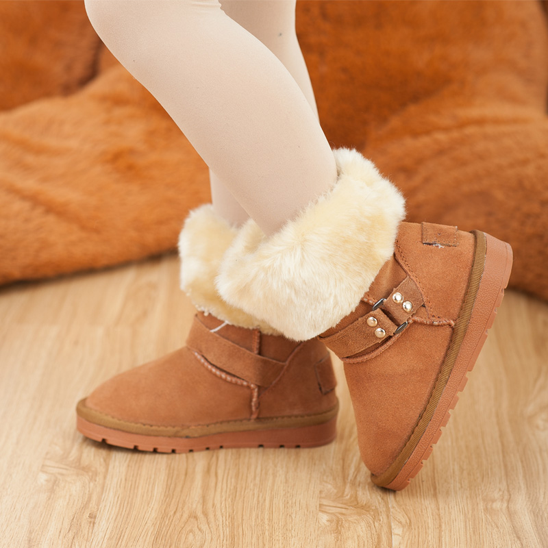 七彩圈圈新款儿童雪地靴时尚女童低筒短靴翻毛雪地鞋保暖靴棉鞋