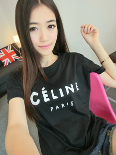 简约翻边袖口 字母CELIN印花T  307#