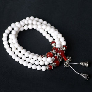  吉祥开运天然白砗磲配玛瑙108颗佛珠手链