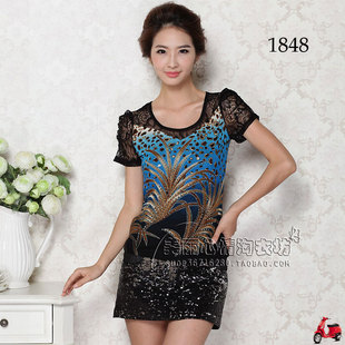  夏季新款女装韩版镶烫钻加大码短袖蕾丝网纱拼接打底衫T恤