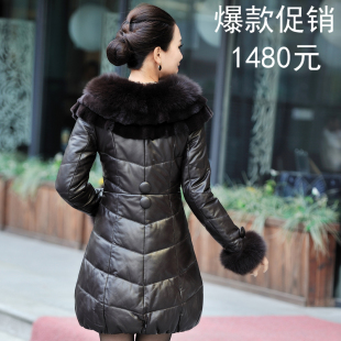  海宁皮衣 新款 女中长款真皮羽绒服 绵羊皮修身毛领真皮外套