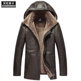  真皮真毛 原生态皮毛一体 可脱卸帽抗寒男士中长款真皮皮衣[2479]
