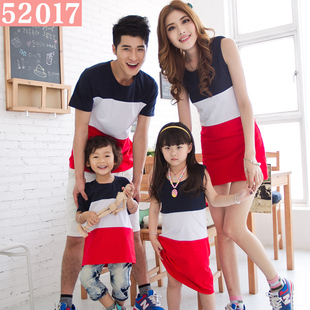  52017亲子装夏装全家装款韩版撞色短袖T恤连衣裙母子女装新品