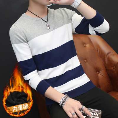 秋装新款长袖男士T恤韩版圆领加绒加厚毛衣男冬季潮流针织衫衣服