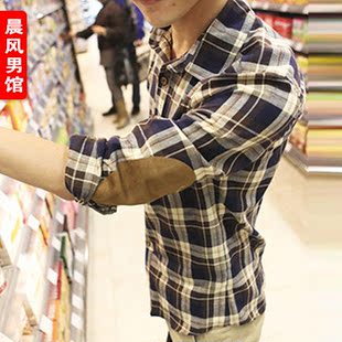  春装新款男装木扣格子风韩版休闲男士长袖衬衫男修身衬衣潮男
