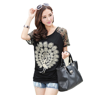  包邮夏装新款韩版女装短袖t恤孔雀宽松中长款蕾丝拼接短袖T恤