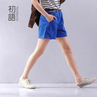  初语 夏装新款 文艺中腰直筒棉布休闲短裤热裤女