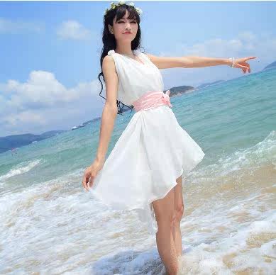 特价包邮沙滩裙白<em>短裙</em>气质<em>淑女</em>裙甜美性感背心