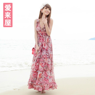  沙滩裙夏季 海边度假 碎花波西米亚拖地长裙连衣裙 V领雪纺裙子