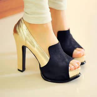  新款女鞋粗跟鞋拼色欧美罗马鞋鱼嘴鞋特色单鞋英伦风格高跟鞋