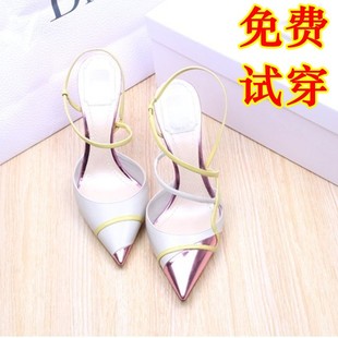  孙俪同款凉鞋迪奥鸳鸯鞋尖头细跟高跟鞋拼色真皮性感欧美女鞋婚鞋
