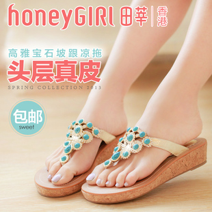  honeygirl坡跟凉鞋 钻石扣厚底凉拖鞋子女 真皮夹脚人字拖鞋 包邮