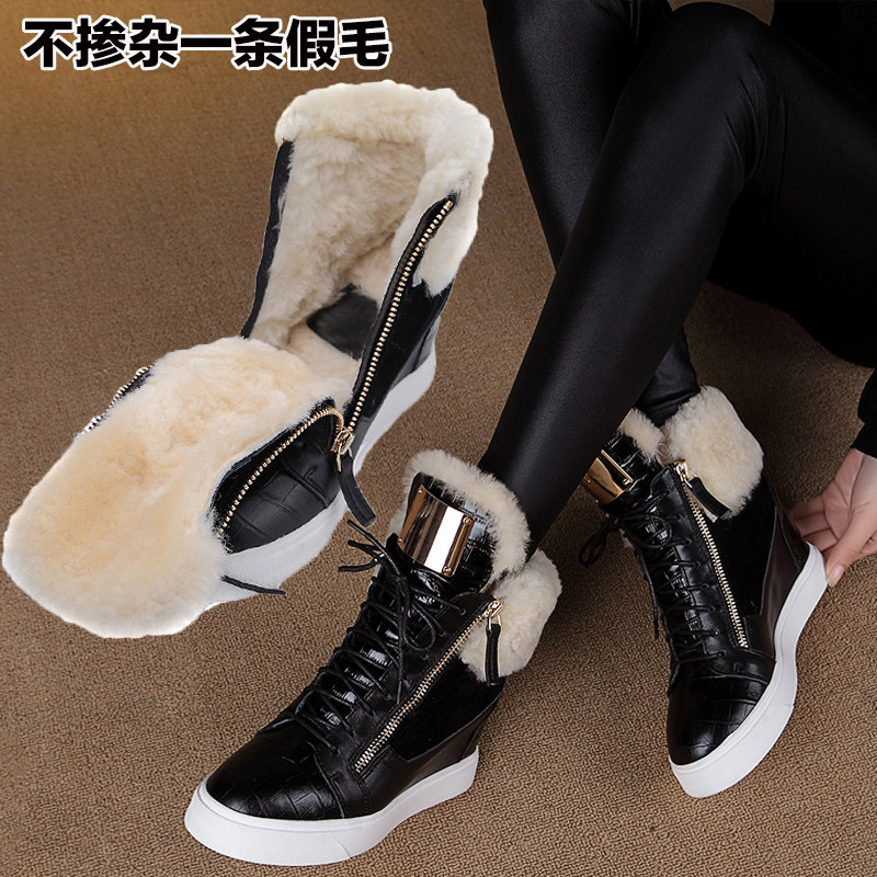 内增高系带短靴女潮厚底皮毛一体雪地靴冬季真皮时尚高帮鞋棉靴