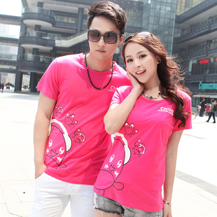  卡通印花夏装翻领短袖T恤情侣衫 父女装母子母女装全家亲子装