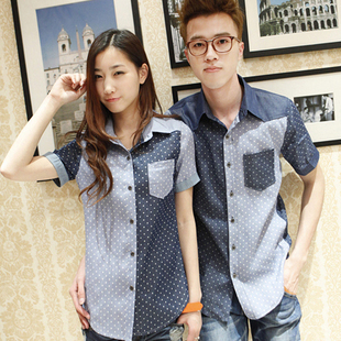 沫花 夏装新款潮流情侣装拼色圆点牛仔短袖休闲韩版情侣衬衫 F07