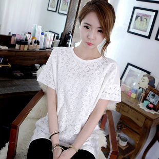  2件包邮韩国代购夏装新长款宽松韩版蕾丝拼接长短摆短袖T恤女