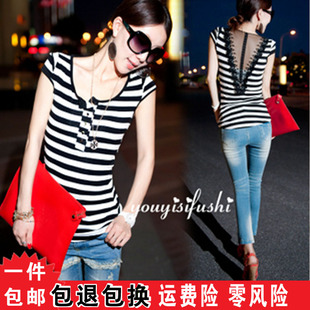  包邮新款夏装女装修身蕾丝拼接垫肩黑白条纹t恤短袖女上衣潮