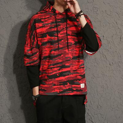 秋季男连帽假两件嘻哈卫衣男长袖韩版潮牌青年迷彩套头帽衫男外套