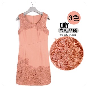  精致镂空绣花蕾丝淑女竖纹毛呢高腰背心裙 秋冬季连衣裙新品75471
