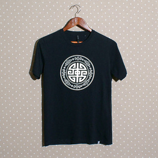 韩版中国风复古元素印花纯棉圆领短袖T恤