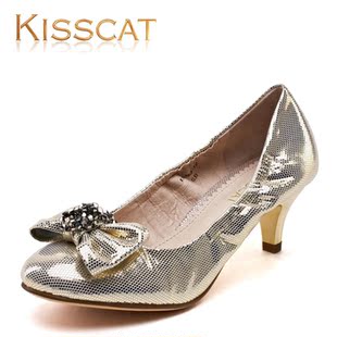  淘金币 KISSCAT接吻猫 羊皮k1558-06女单鞋蝴蝶结粗跟浅口 包顺丰