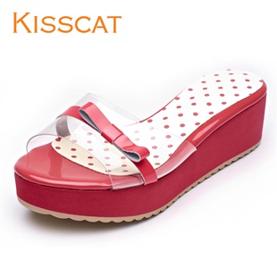  KISSCAT接吻猫 漆皮EK22347-01厚底中跟波点蝴蝶结一字拖女拖鞋