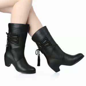  奥康女鞋新款真皮冬季流苏靴中筒靴圆头中跟冬靴子女靴正品