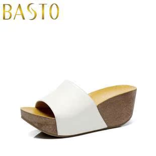 年夏季新款BASTO/百思图头层牛皮TWV07D坡跟防水台女凉拖鞋子