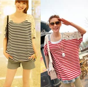  胖妹妹夏装新款女装韩版蕾丝拼接宽松加肥加大码条纹短袖T恤