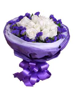 白玫瑰配紫色勿忘我圆形花束精美包装生日节日