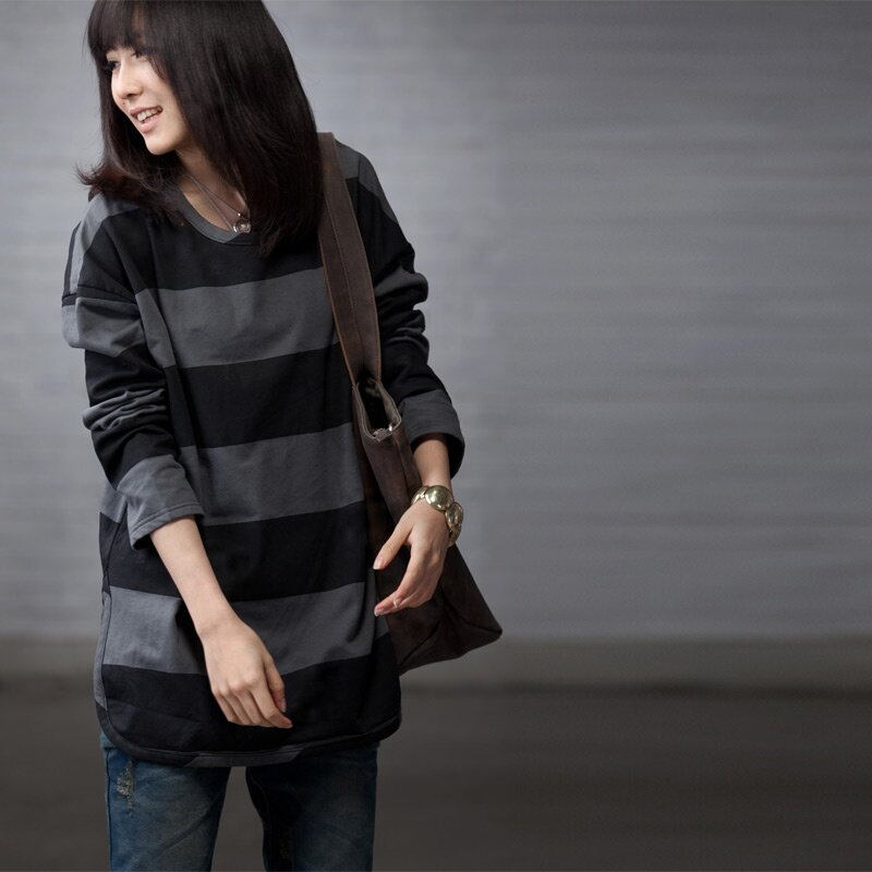 R116A 休闲宽松圆领宽条纹绒衫/卫衣 2012冬女装 米兰宣言-米可可