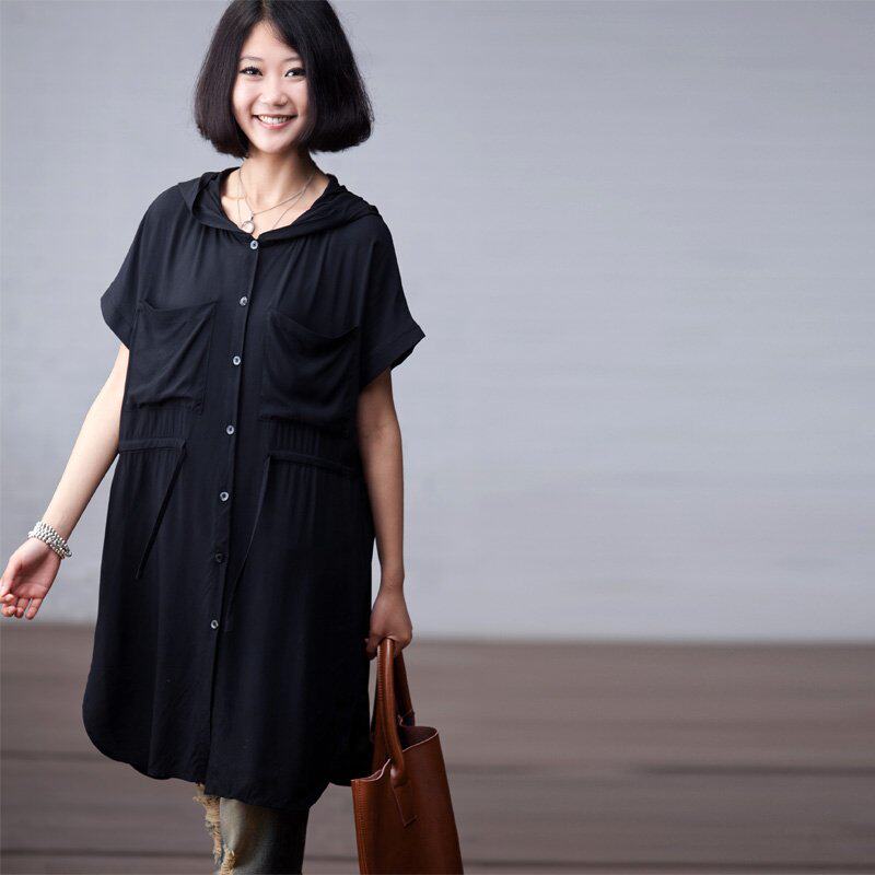 C513A 通勤干练连帽<em>短袖长款</em>衬衫<em>开衫</em> 2013夏