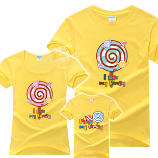  新款全家装夏装一家三口装甜蜜亲子装母子母女装棒棒糖加大