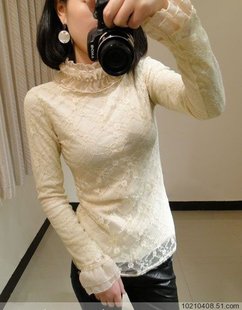  韩版秋冬 新品女装雪纺高领双层蕾丝打底衫 长袖 蕾丝衫 蕾丝上衣