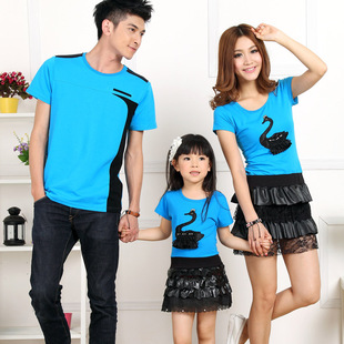  爱一起 款亲子装一家三口夏 父女装母女装连衣裙 天鹅全家装