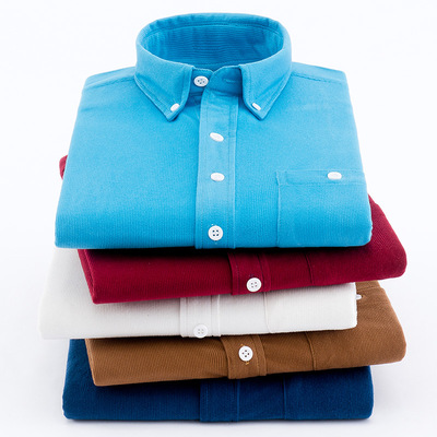 新款春秋季男士灯芯绒长袖衬衫 青年时尚衬衣纯色韩版修身寸衫潮