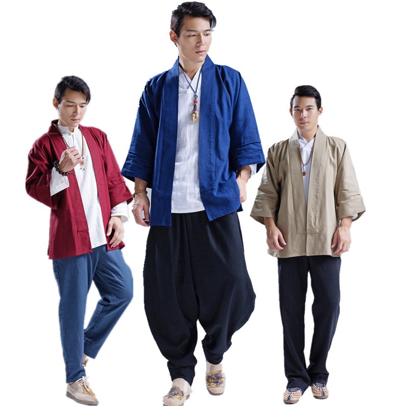 Ethnic style kimono Cotton and hemp Retro Cardigan Improvement Buddhist clothes Chinese style Nine points sleeve Hanfu Chinese style coatin the Men's clothing, National costume category - from Buy2taobao.com to provide professional Taobao agent buy service