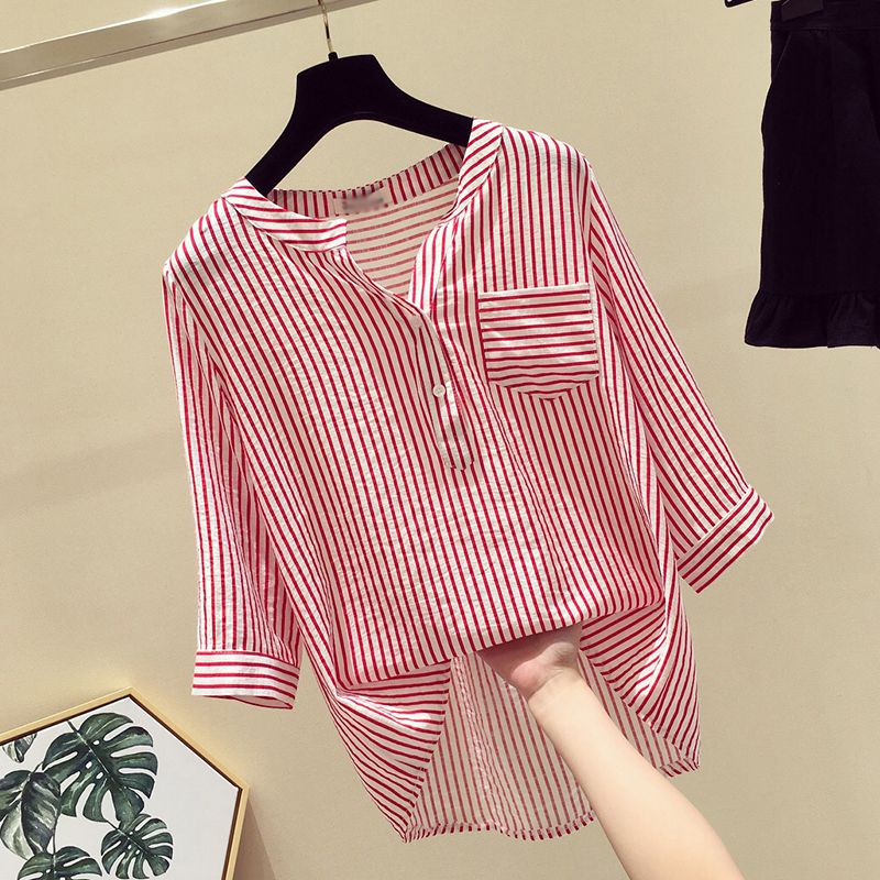 红白宽松条纹衬衫女衣服洋气旅行通勤新款复古风办公室韩风薄款在类目 女装/女士精品, 衬衫中 - 来自Buy2taobao.com提供专业的淘宝代购服务