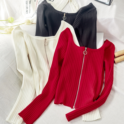 2019秋季新款方领圆环拉链针织开衫女修身长袖毛衣1185