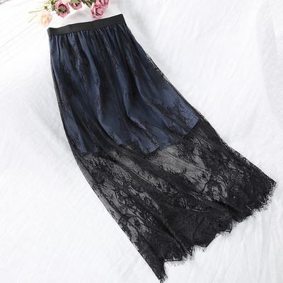 2019夏季新款蕾丝拼接牛仔假两件中长款半身裙9473