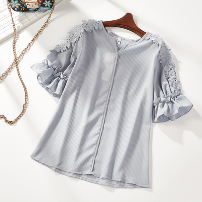 2018夏季新款上衣女小清新棉带透明蕾丝七分喇叭袖1759-15