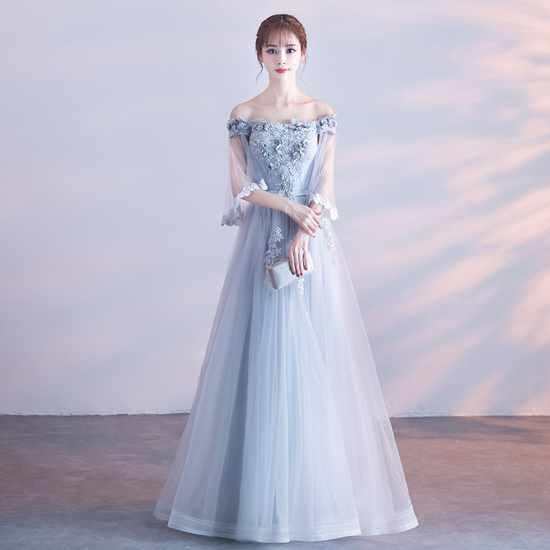 一字肩晚礼服伴娘服女长款2019新款秋春季主持人礼服显瘦灰色优雅|ruв категории Женская одежда, Cвадебные платья, свадебное платье - от Buy2taobao.com для оказания профессиональной услуги покупки агента Taobao