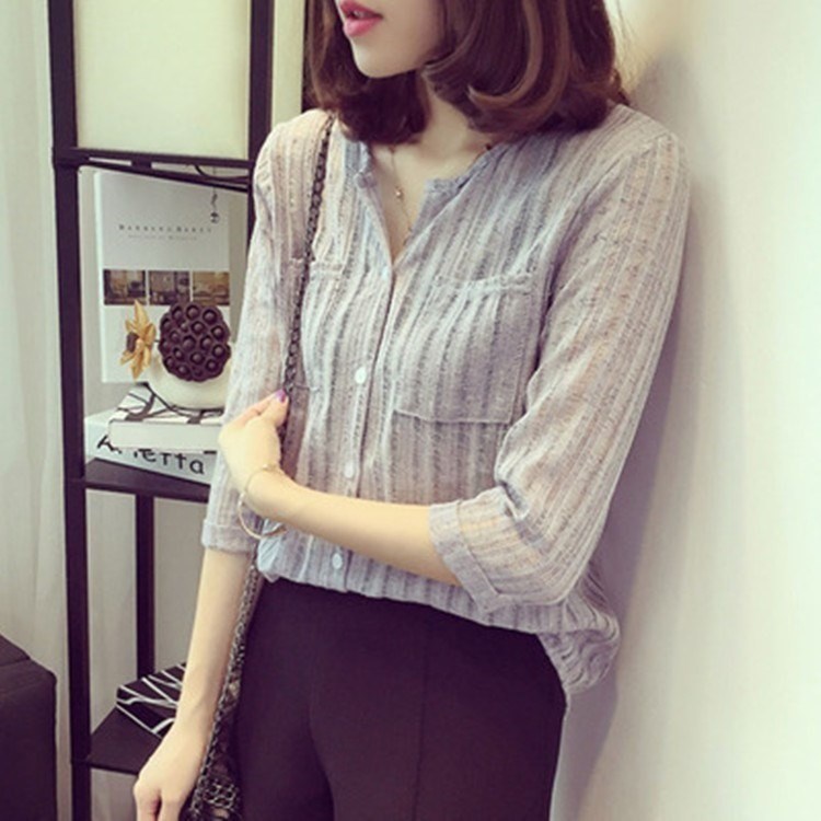 韓版七分袖棉麻立領條紋襯衫女裝韓範寬松百搭休閑白襯衣亞麻上。在類目 女裝/女士精品, 襯衫中 - 來自Buy2taobao.com提供專業的淘寶代購服務