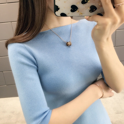 秋装2019新款冰丝一字领中袖针织衫女上衣修身毛衣五分袖打底衫薄