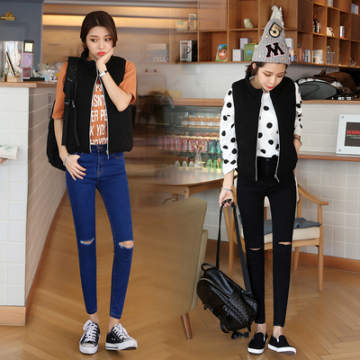 漏膝盖高腰破洞牛仔裤女春秋女生韩国弹性紧身